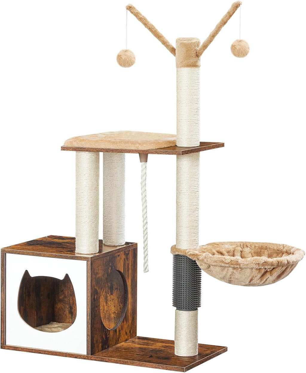 Rustic Brown Wooden Cat Tree with Scratching Posts J18425