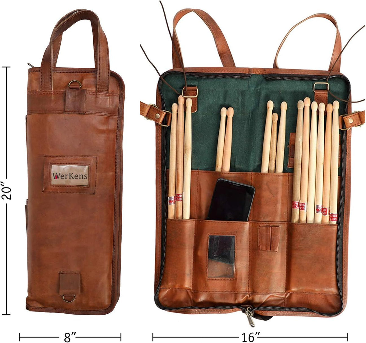 Leather Drumstick Bag Holds 10-12 Pairs Brown Z1365