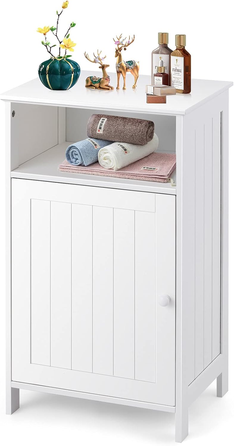 White Wooden Single Door Bathroom Floor Cabinet with Adjustable Shelf V7760