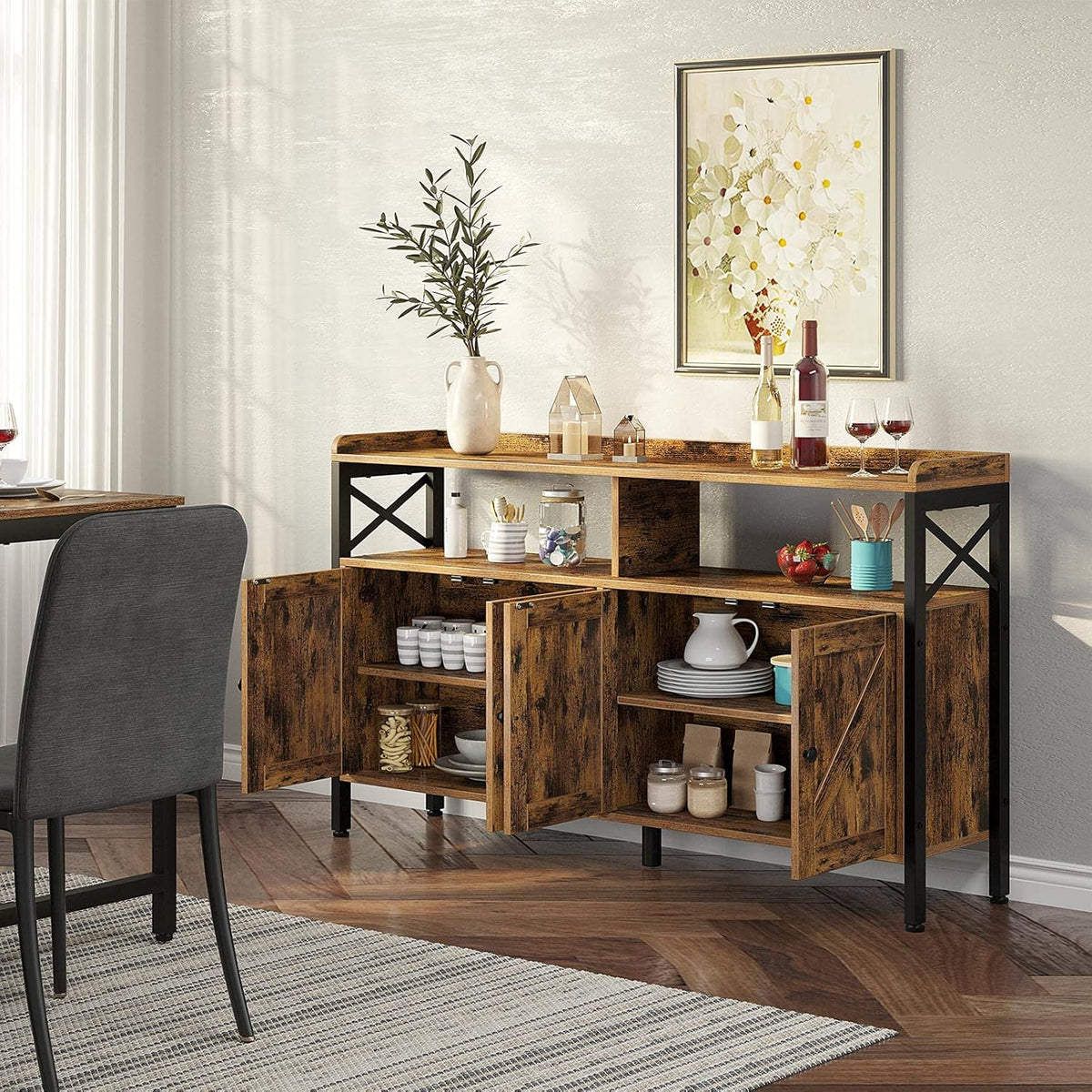Rustic Brown 55Inch Console Table with Cabinet and Open Shelf L37146