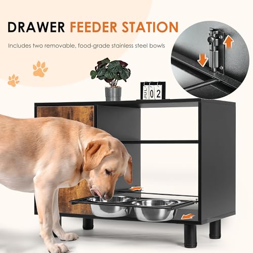 Large Pet Feeder Station with Stainless Steel Double Pull Out Raised Dog Bowls S572153