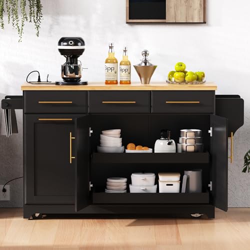 Black Farmhouse Kitchen Island with Drop Leaf, Barn Door, 3 Drawers, Adjustable Shelf, Spice Rack, 56" E152