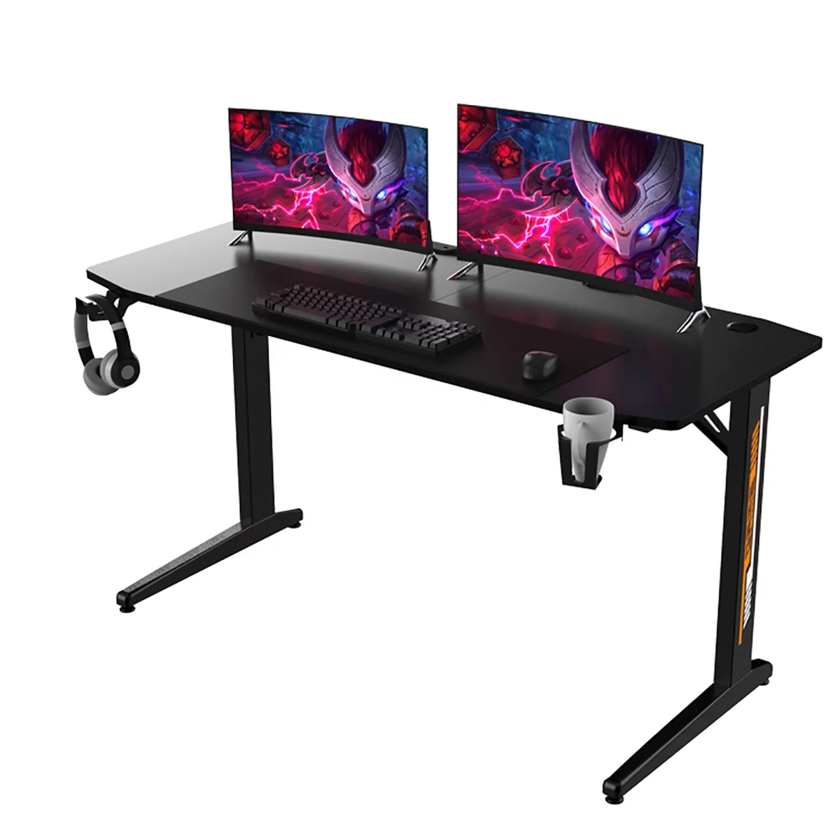 Black Ergonomic Gaming Desk with Headphone Holder, Cup Holder, Mouse Pad G805