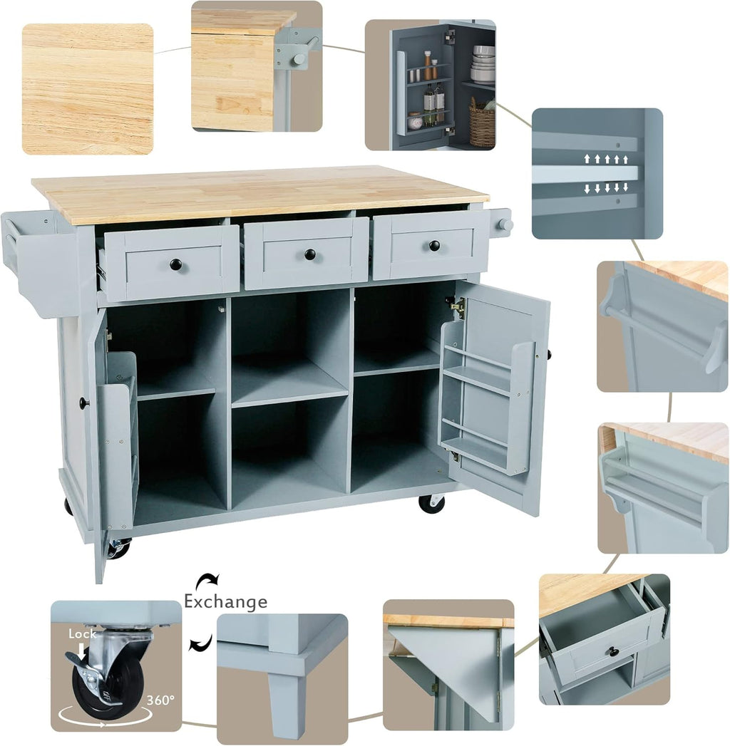 Blue Kitchen Cart with Rubber Wood Drop-Leaf Countertop V12662
