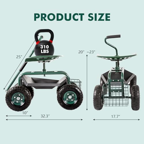 Blue Garden Cart with Rolling Work Seat Tool Tray and Storage Basket on Wheels D49802