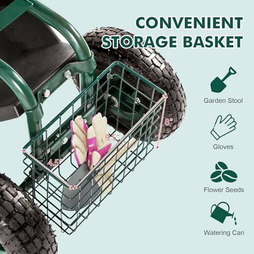 Blue Garden Cart with Rolling Work Seat Tool Tray and Storage Basket on Wheels D49802