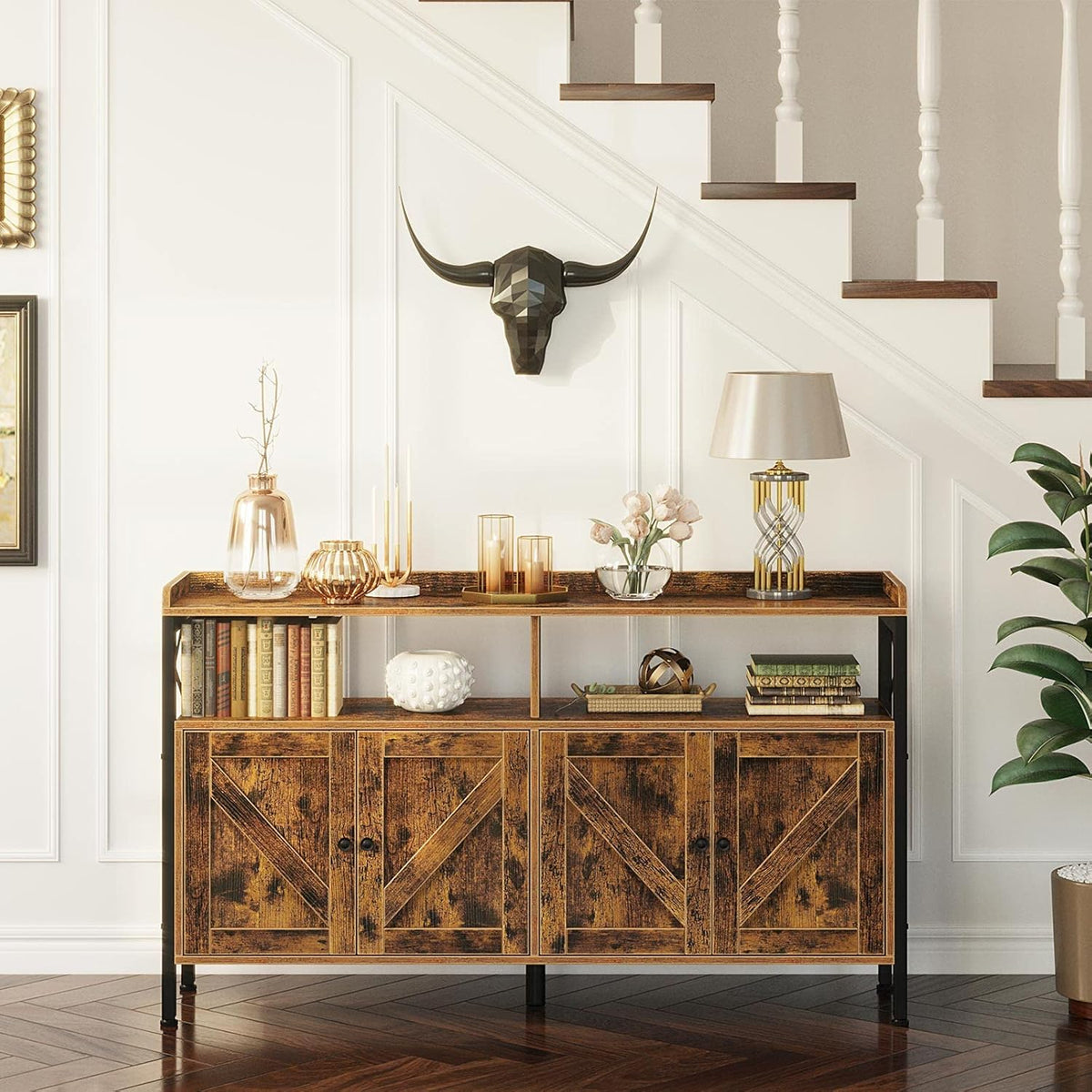 Rustic Brown 55Inch Console Table with Cabinet and Open Shelf L37146