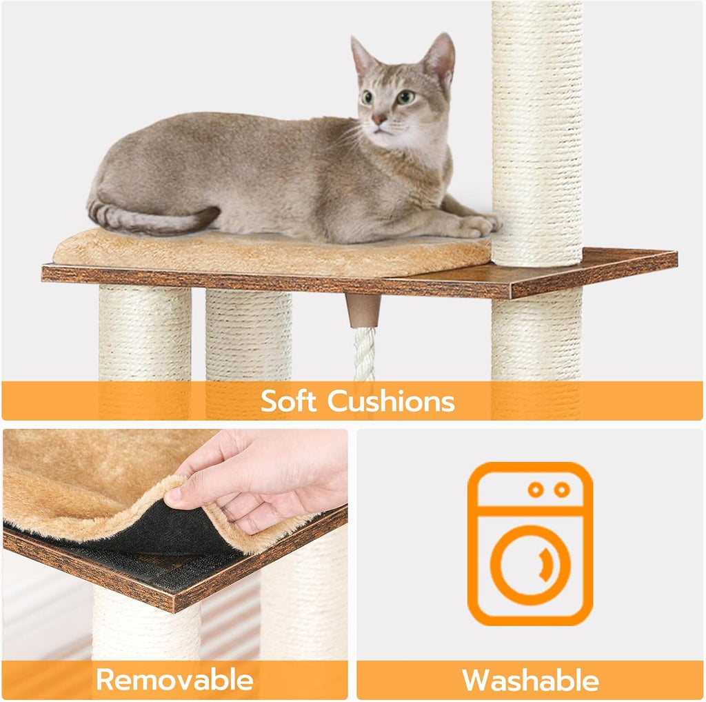 Rustic Brown Wooden Cat Tree with Scratching Posts J18425