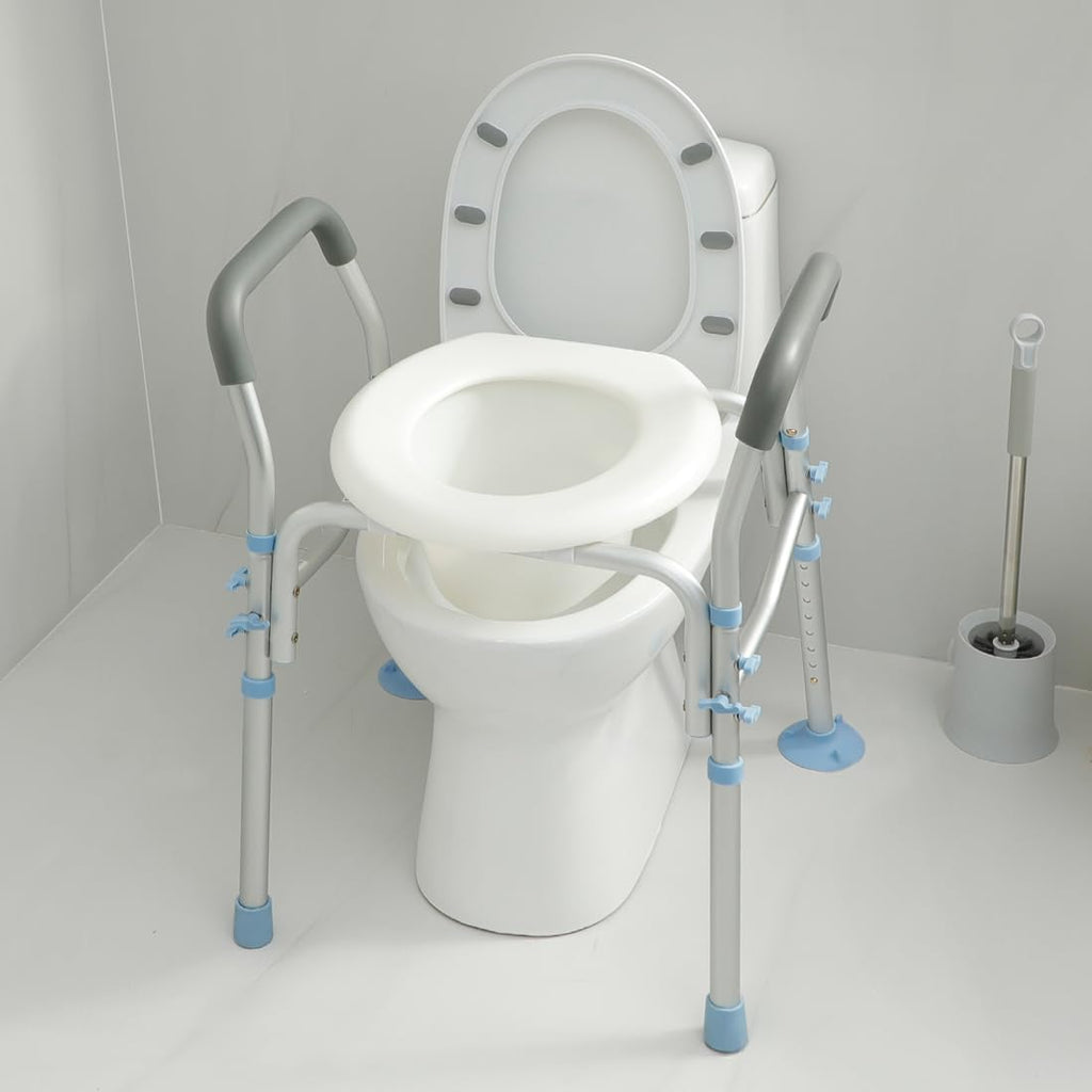 Stand Alone Raised Toilet Seat with Safety Frame, Height Adjustable Legs T4334