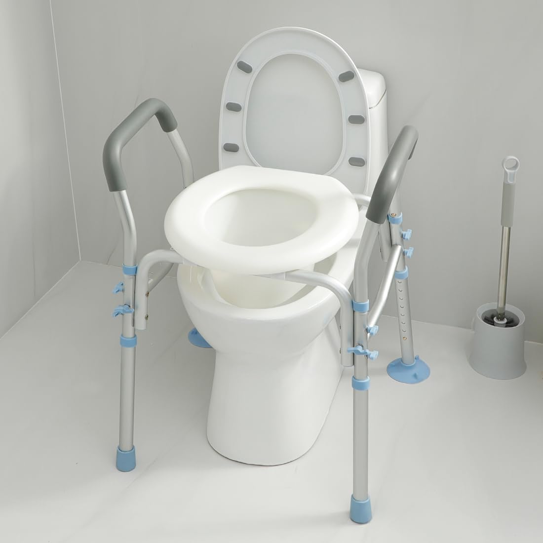 Stand Alone Raised Toilet Seat with Safety Frame, Height Adjustable Legs T4334