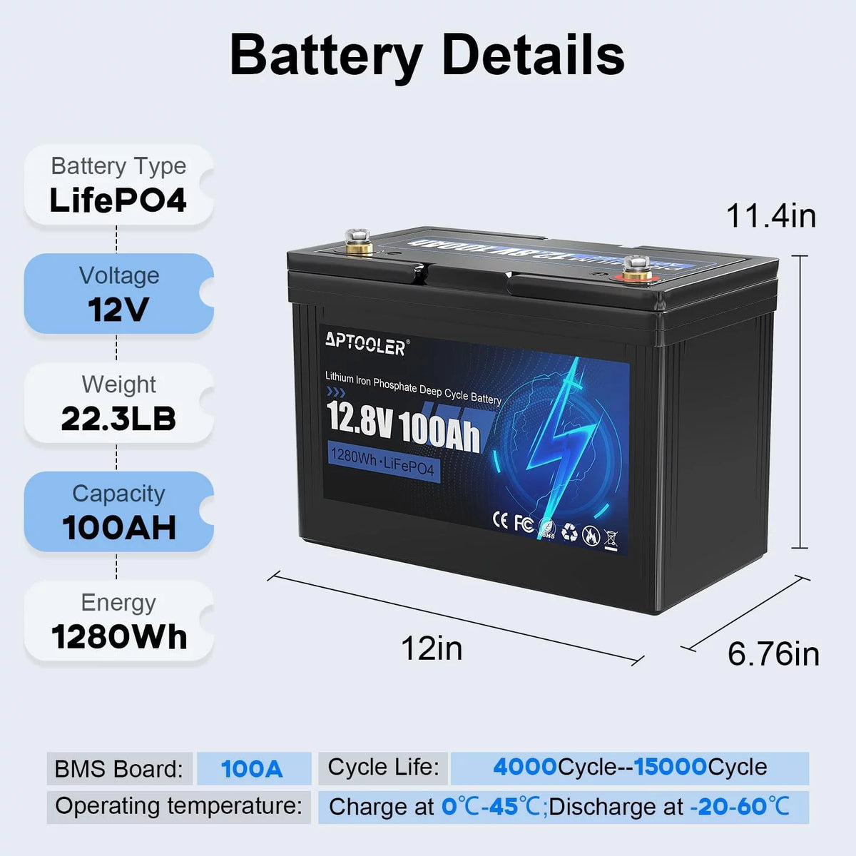 12V 100Ah LiFePO4 Battery with 100A BMS H69729