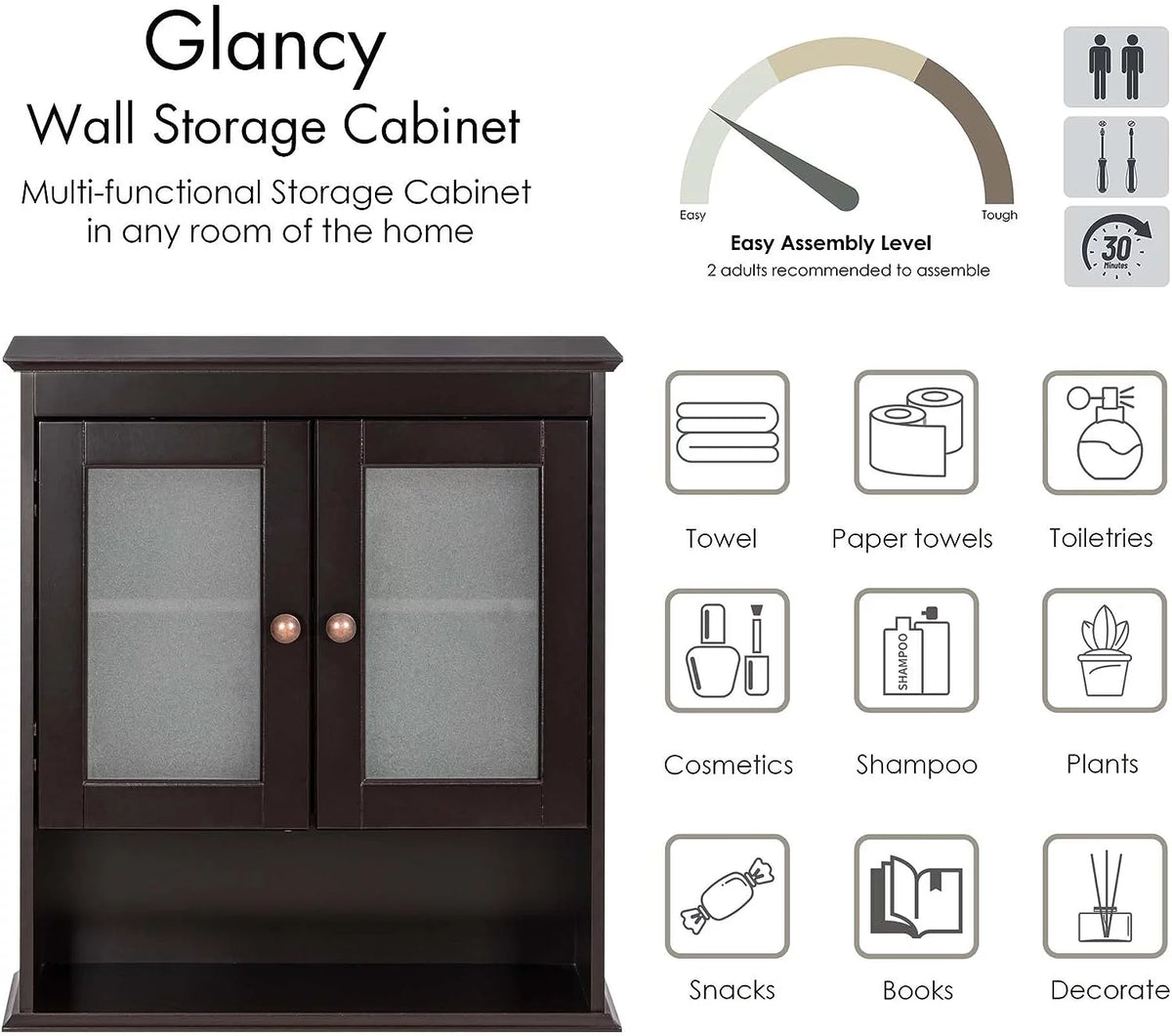 Espresso Wood Wall Cabinet with Glass Doors R584