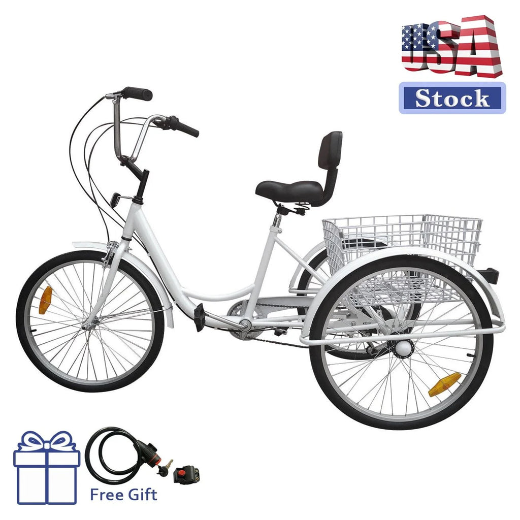 24" 7-Speed 3-Wheel Tricycle with Basket White C586877