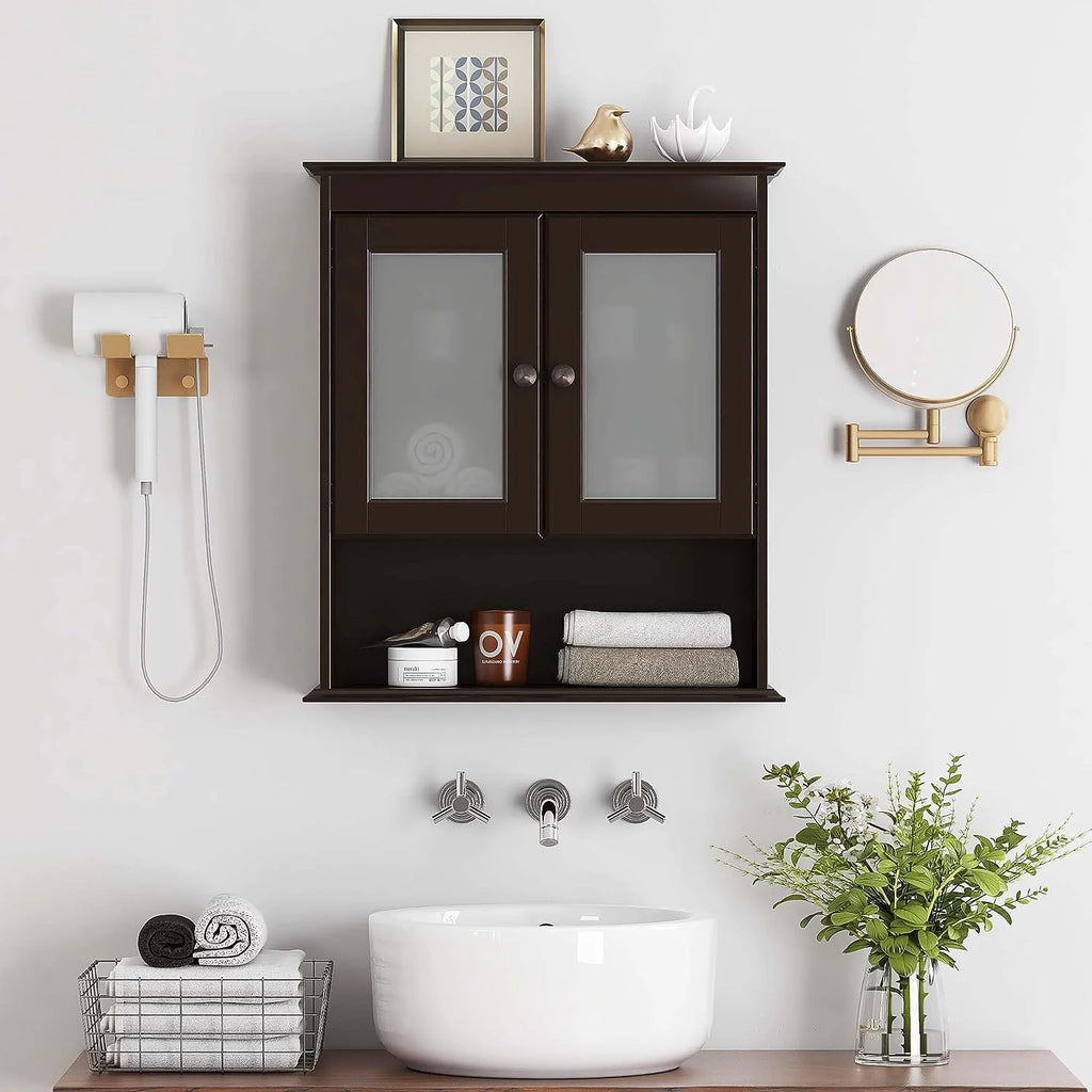 Espresso Wood Wall Cabinet with Glass Doors R584