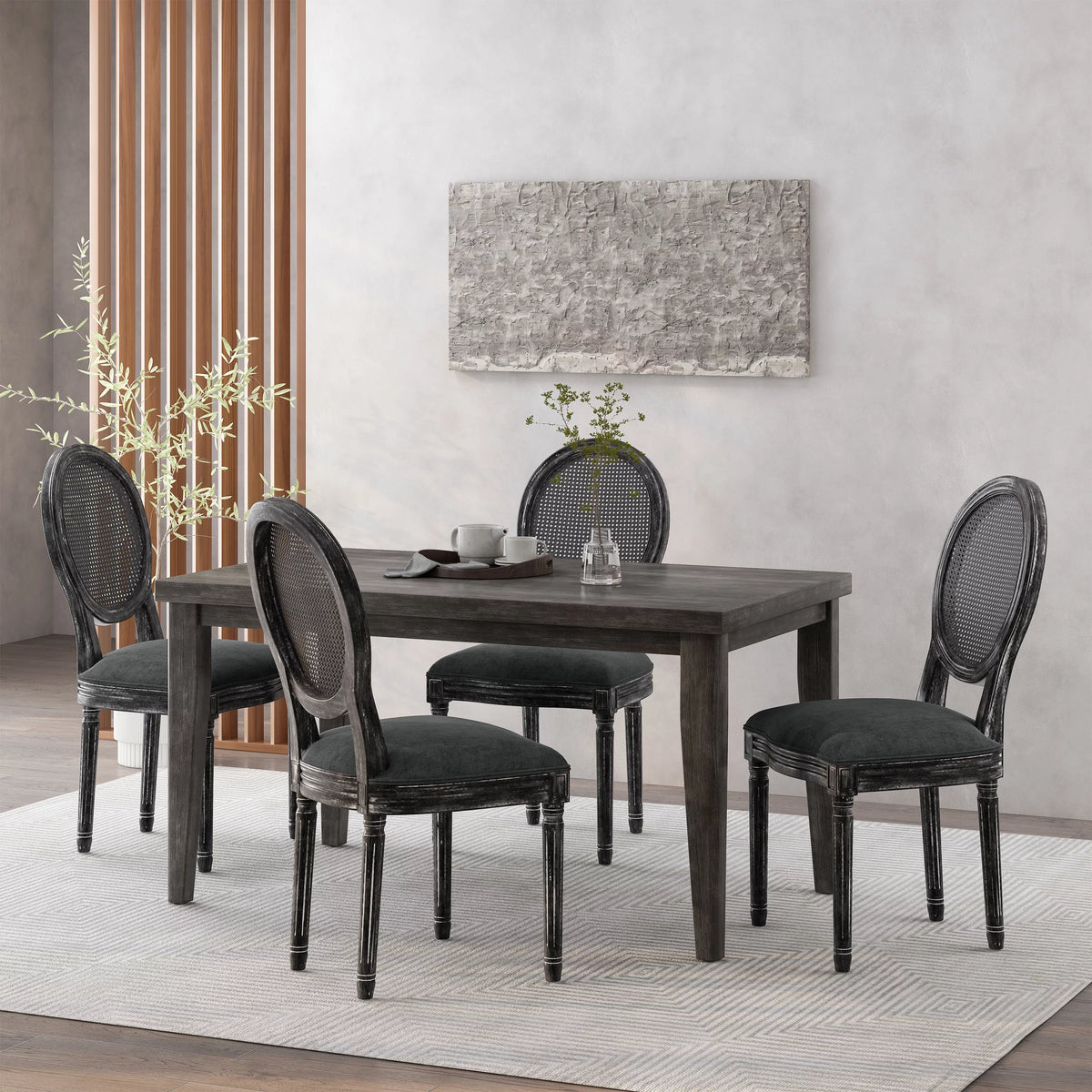 Upholstered Wood and Cane Dining Chairs, Set of 4 K6946