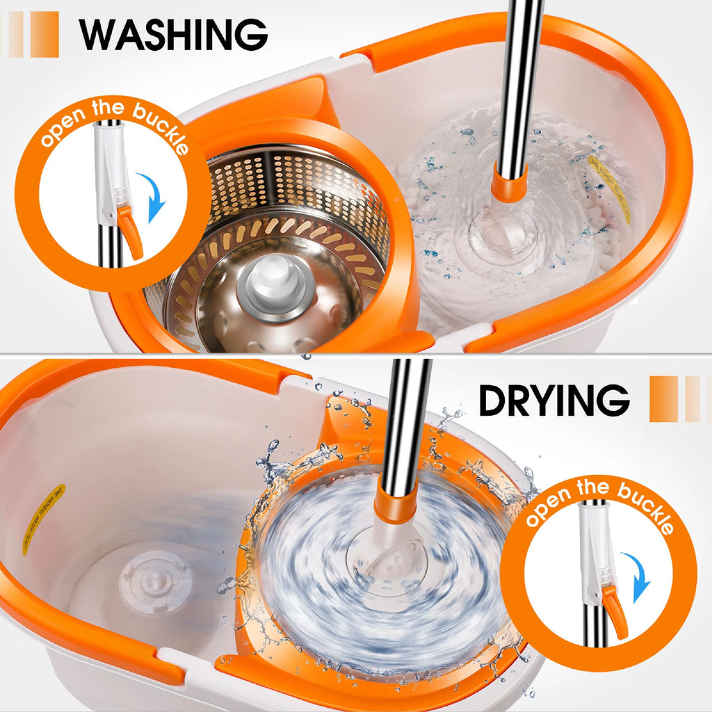 Spin Mop and Bucket System with Wringer Set, 6 Microfiber Mop Heads I313978