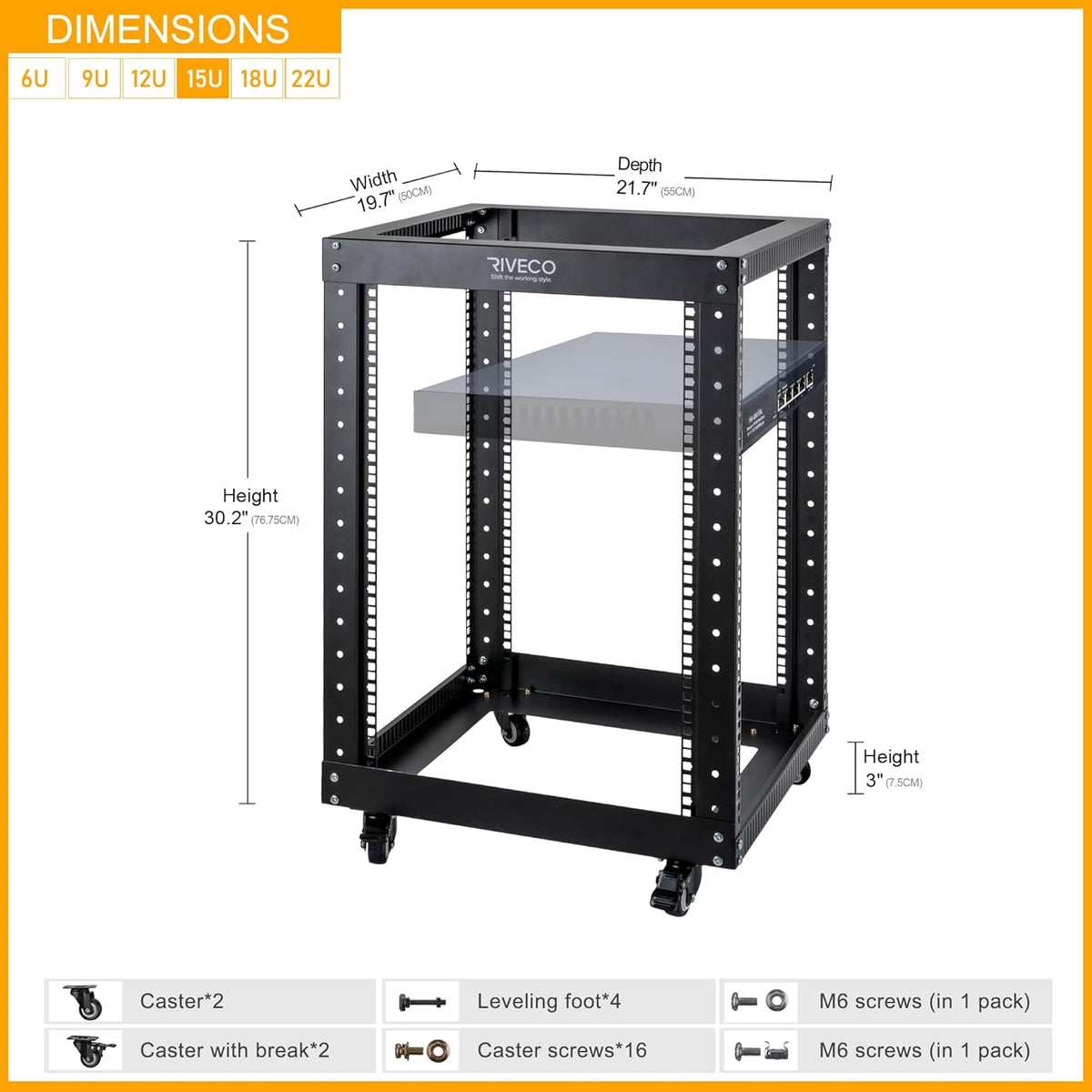 12U Open Frame Server Rack with Casters, 4 Post, 19-inch, Black D500