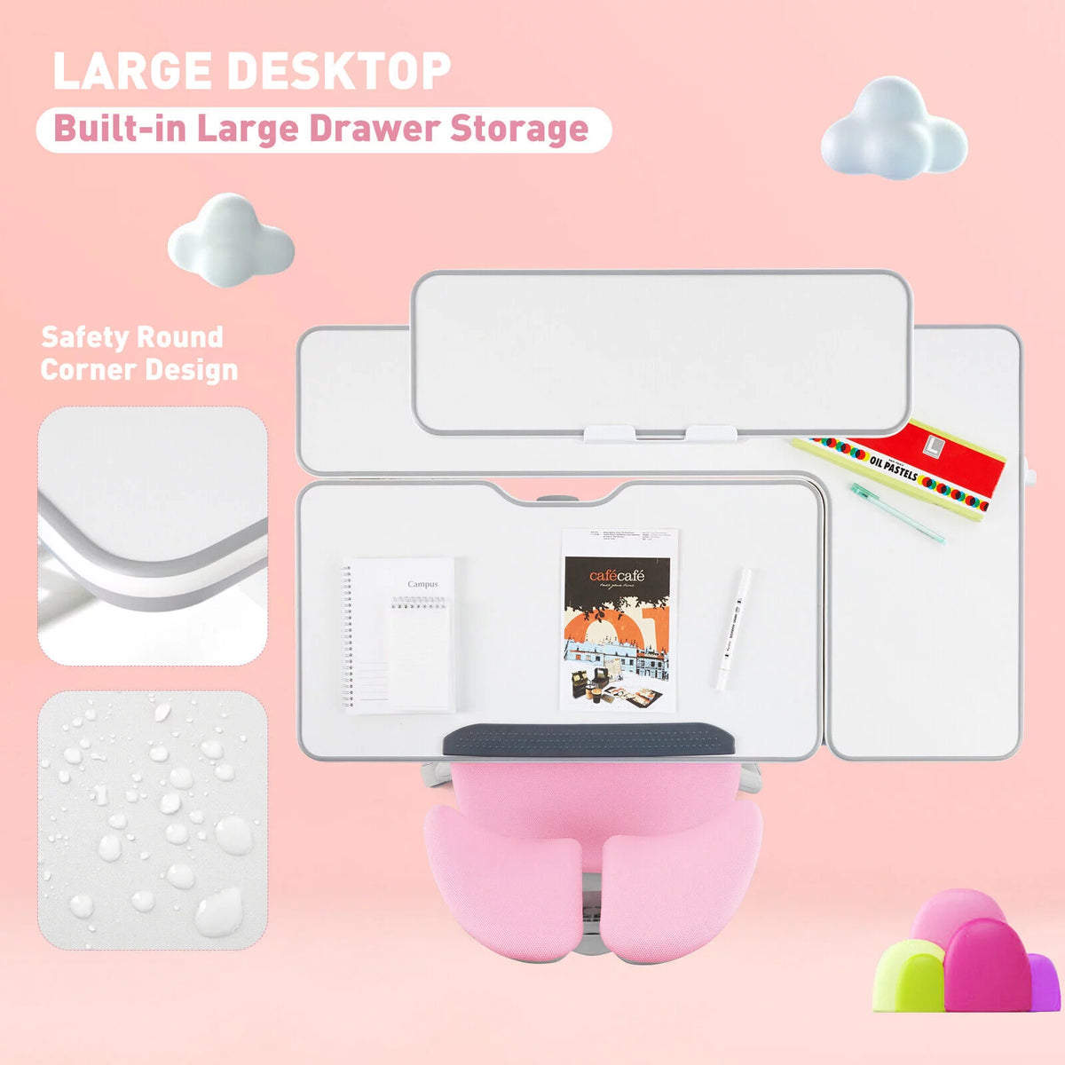 Kids Study Desk and Chair Set Adjustable with Drawer and Bookstand Pink Z180442