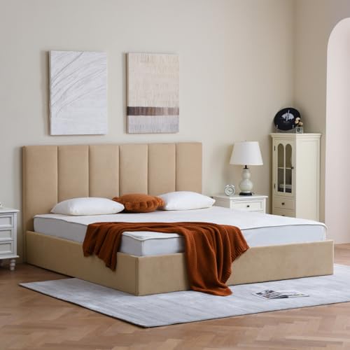 California King Size Lift-Up Storage Upholstered Platform Bed Beige H6948