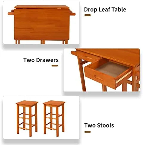 Drop Leaf Solid Wood Table and Stool Set with 2 Drawers L1972