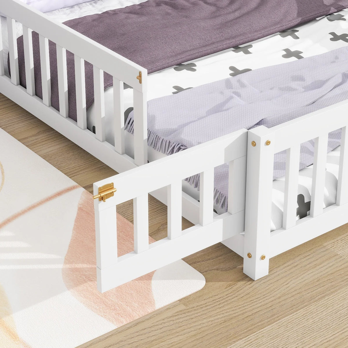 Grey Twin Size Wood Floor Bed with Fence A302211