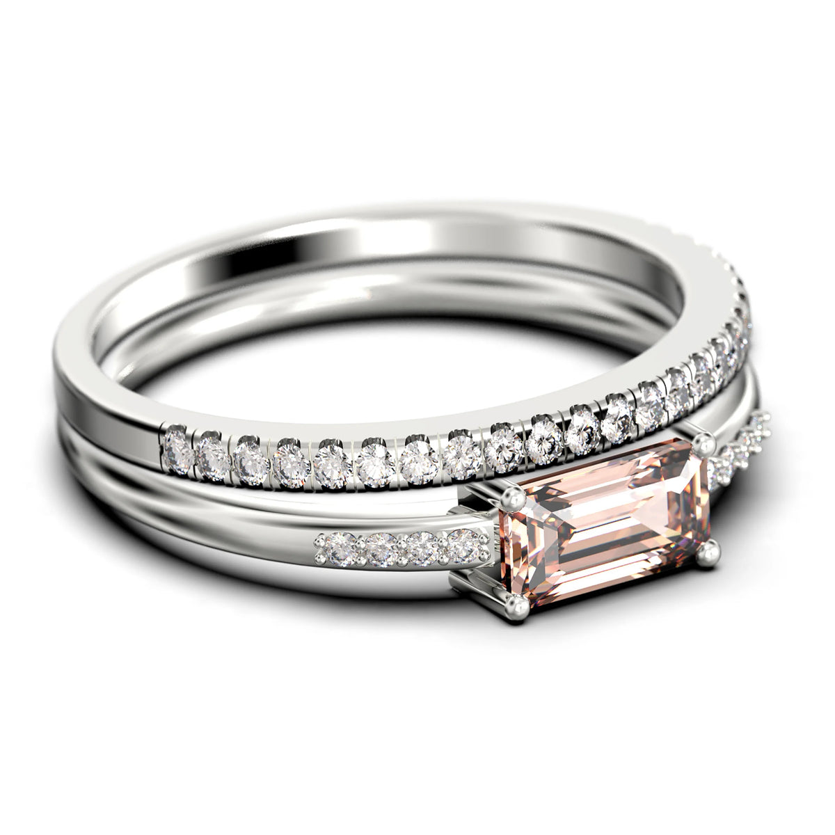 1.45 Carat Emerald Cut Morganite And Diamond Moissanite Engagement Ring in Silver With 18k White Gold Plating M776