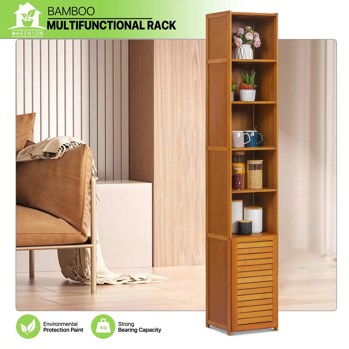 Bamboo 7 Shelves Bookcase with Door K5314