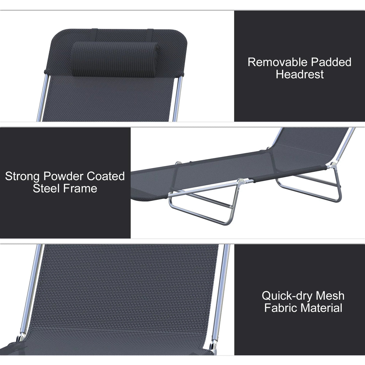 Folding Chaise Lounge Pool Chairs with Pillow, Steel Frame & Breathable Mesh, Black F8452