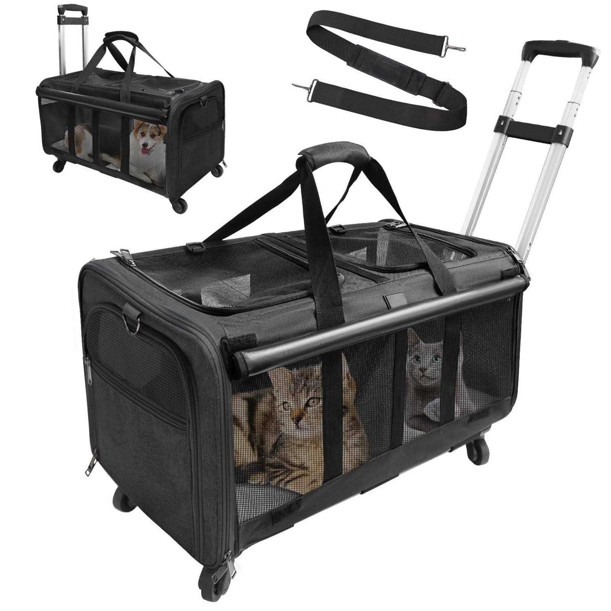 Double-Compartment Pet Rolling Carrier with Wheels R217334