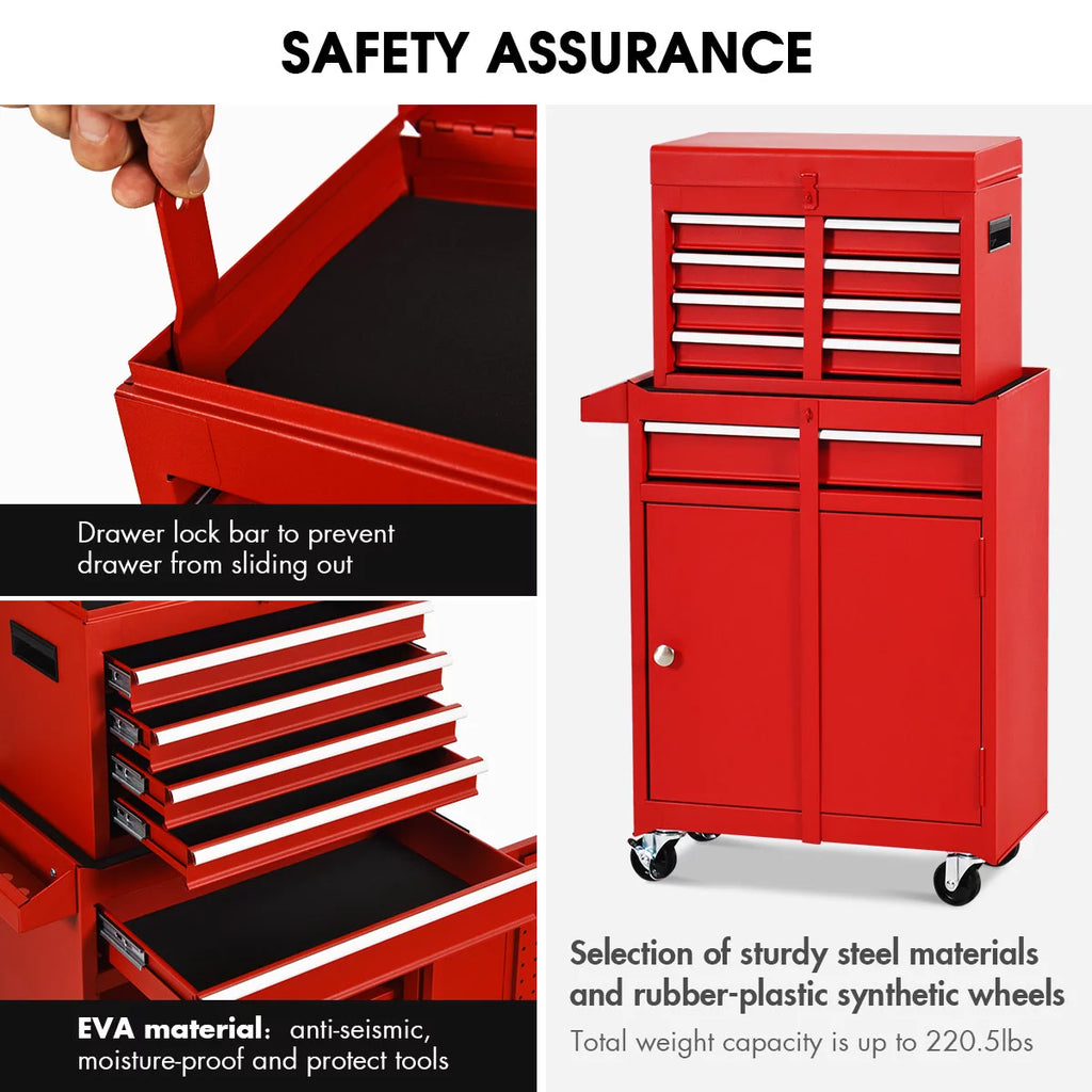 2 in 1 Tool Chest & Cabinet with 5 Sliding Drawers Red S375