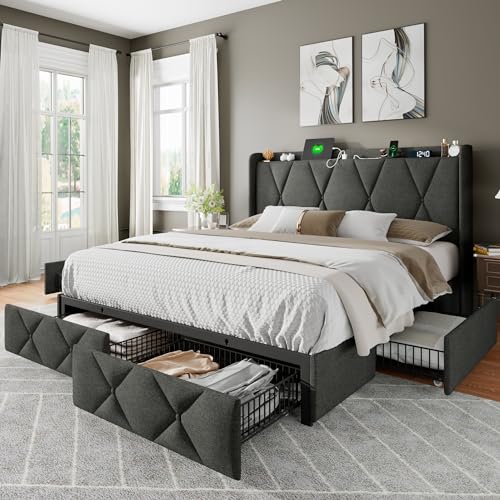 Light Grey Twin Upholstered Platform Bed Frame with 3 Storage Drawers Y1694