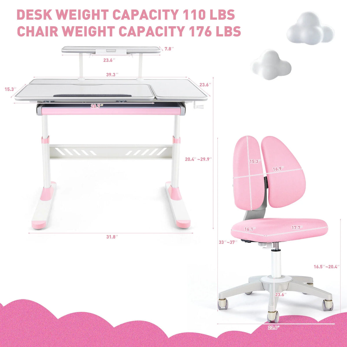 Kids Study Desk and Chair Set Adjustable with Drawer and Bookstand Pink Z180442