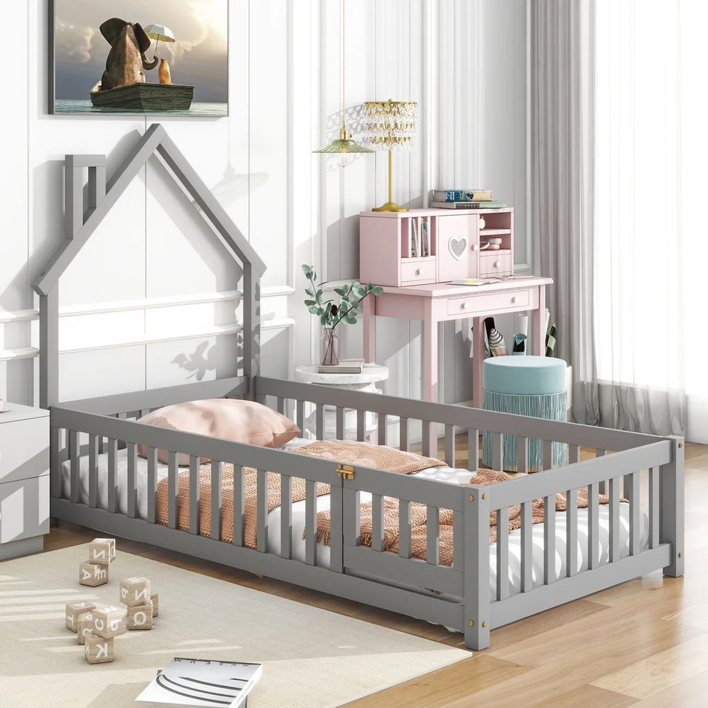Grey Twin Size Wood Floor Bed with Fence A302211