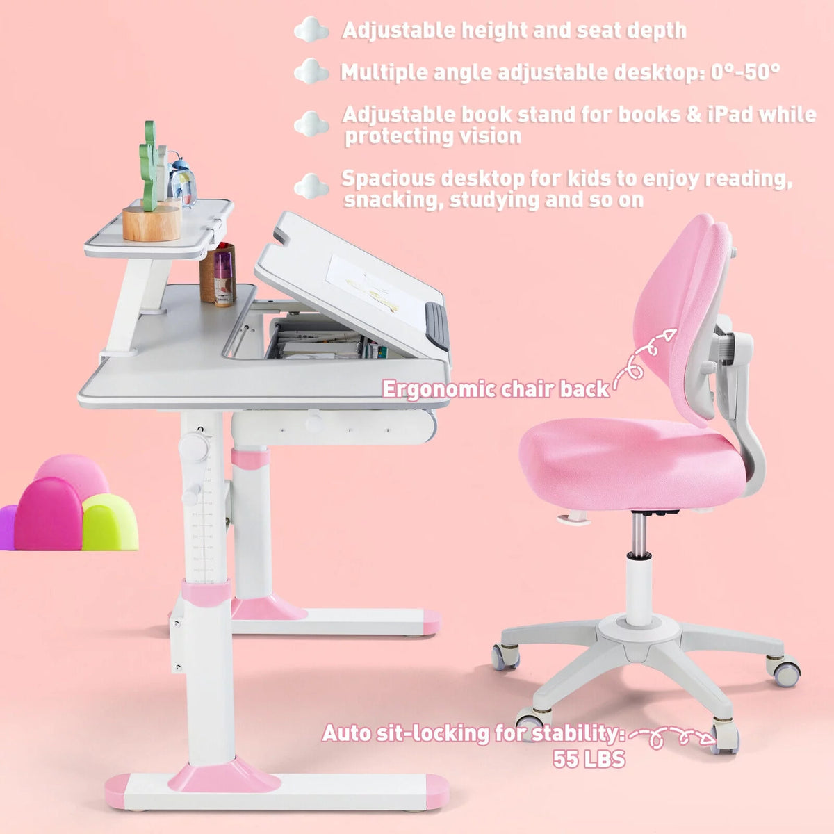 Kids Study Desk and Chair Set Adjustable with Drawer and Bookstand Pink Z180442