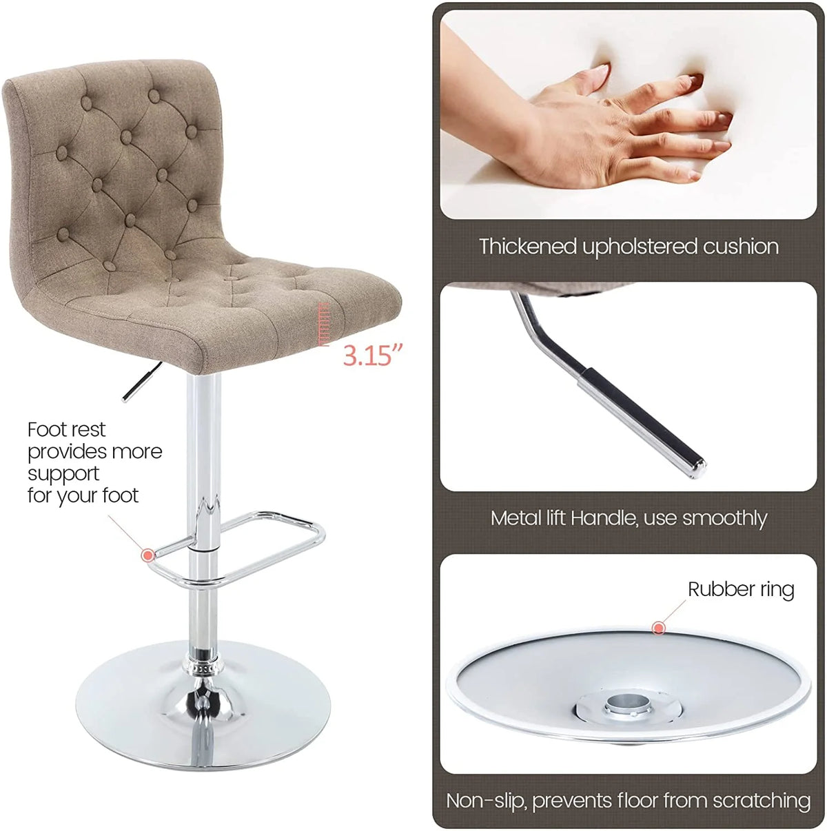 Tufted Swivel Bar Stool with Back, Fabric Upholstered Armless Bar Chair V352
