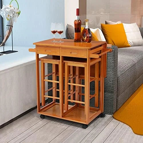 Drop Leaf Solid Wood Table and Stool Set with 2 Drawers L1972