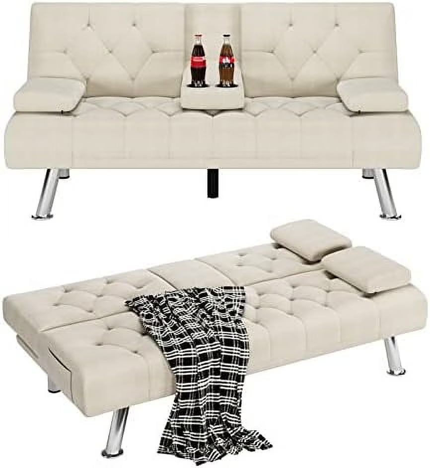 Dark Grey Upholstered Convertible Futon Sofa Bed with Metal Legs I1489