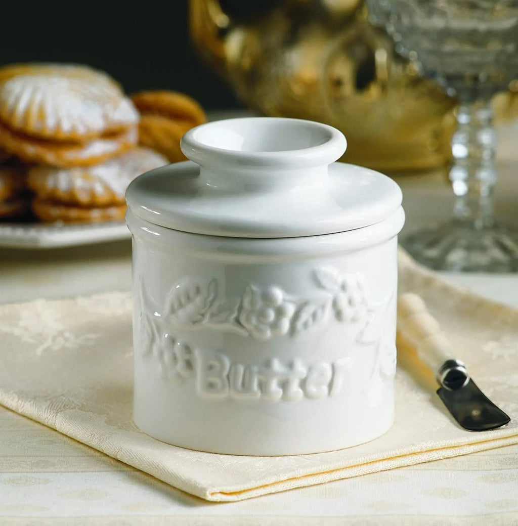 White Raised Floral French Ceramic Butter Dish Keeper J388905