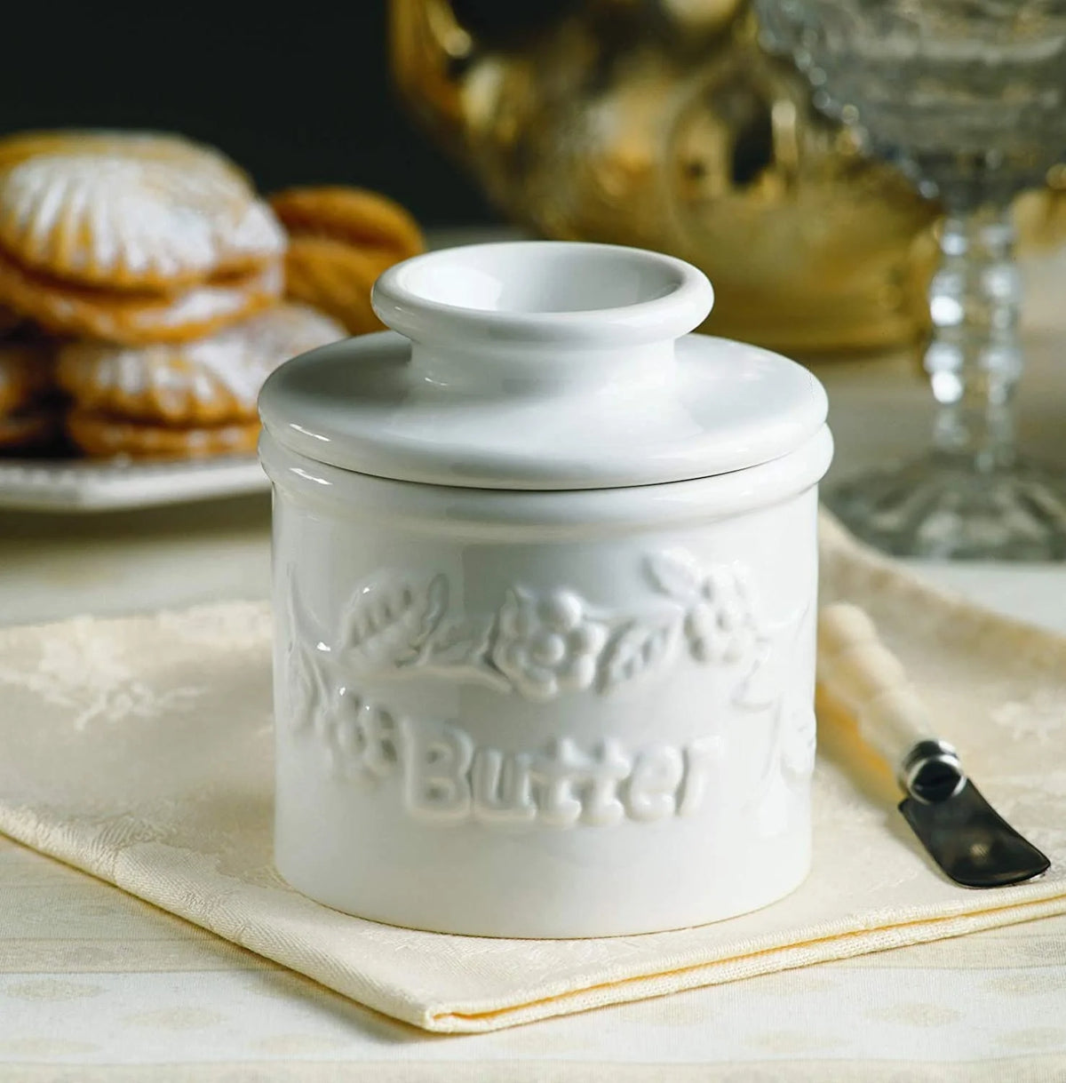 White Raised Floral French Ceramic Butter Dish Keeper J388905