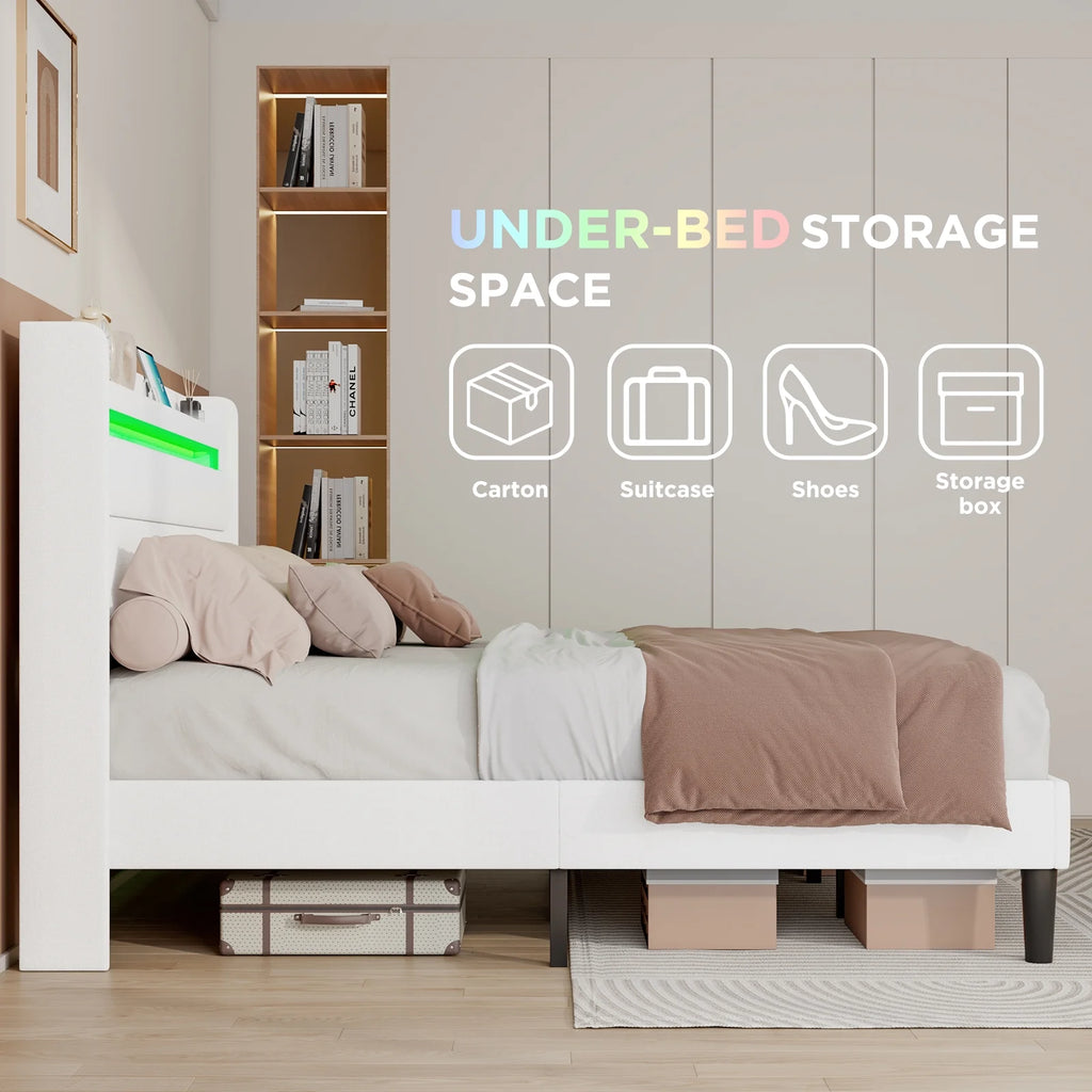 Queen Size White Linen Upholstered Platform Bed with Storage Headboard O2373