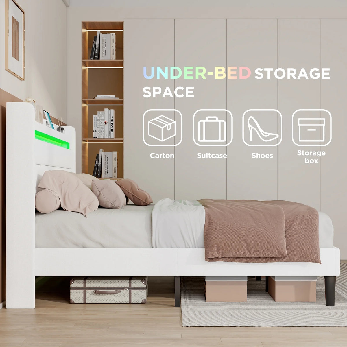 Queen Size White Linen Upholstered Platform Bed with Storage Headboard O2373