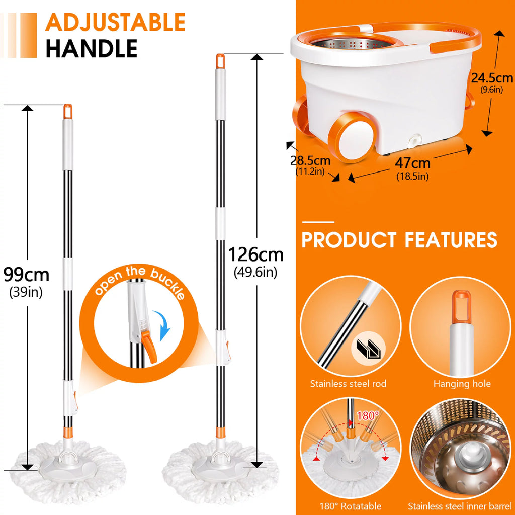 Spin Mop and Bucket System with Wringer Set, 6 Microfiber Mop Heads I313978