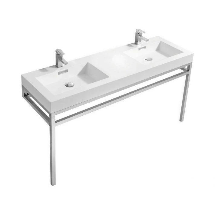 60 in. Double Sink Stainless Steel Console with White Acrylic Sink E85239