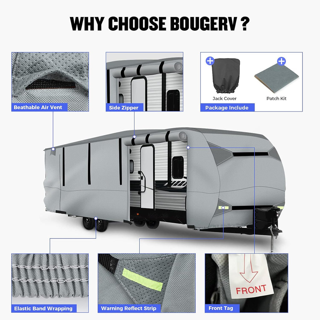 Gray Windproof Travel Trailer RV Snow Cover with Jack Cover & Patch Kit E6156