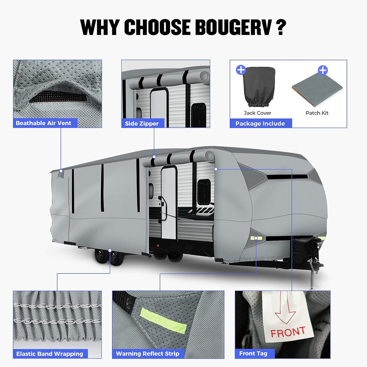 Gray Windproof Travel Trailer RV Snow Cover with Jack Cover & Patch Kit E6156