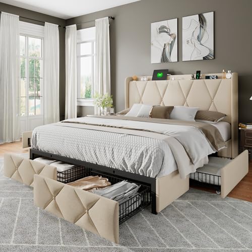 Light Grey Twin Upholstered Platform Bed Frame with 3 Storage Drawers Y1694