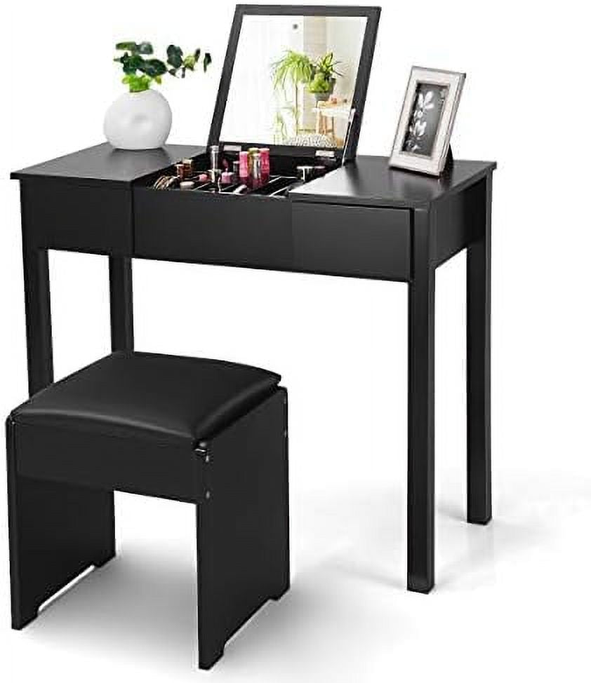 Black Vanity Set with Flip Top Mirror and Cushioned Stool Q4799