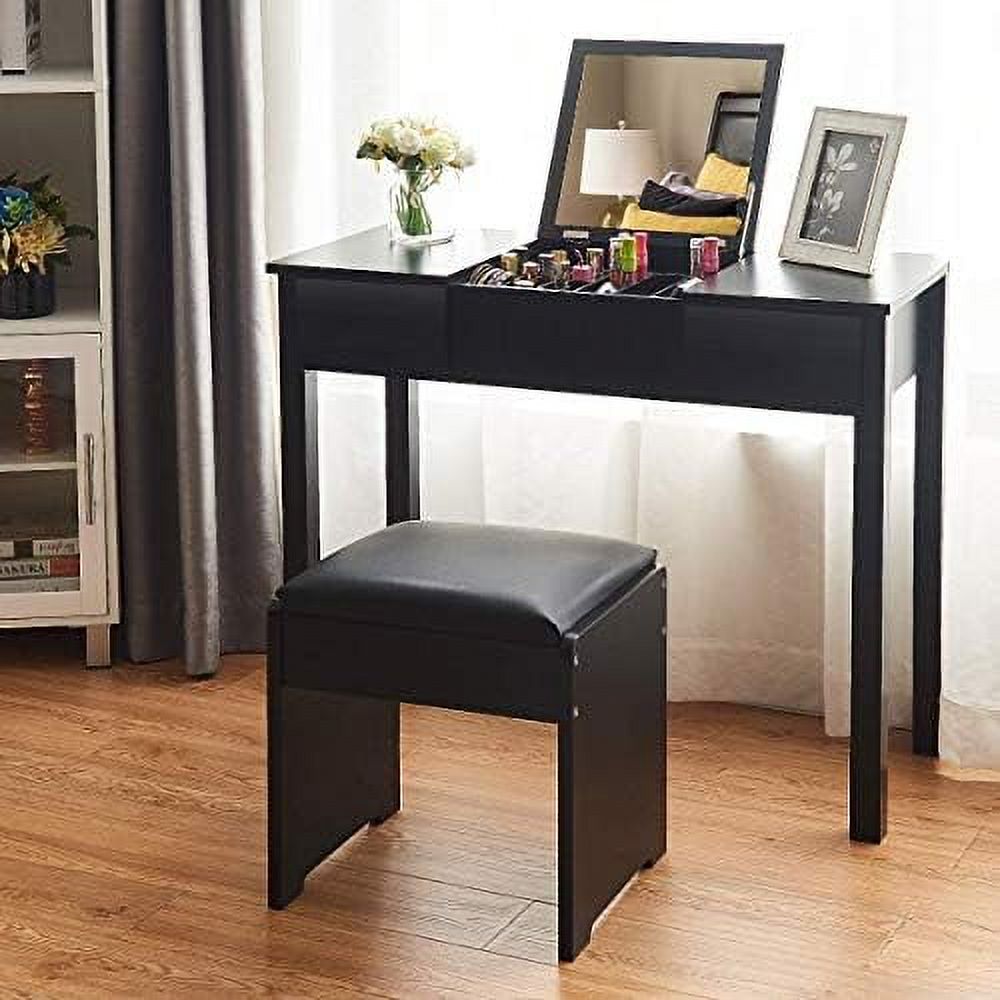 Black Vanity Set with Flip Top Mirror and Cushioned Stool Q4799