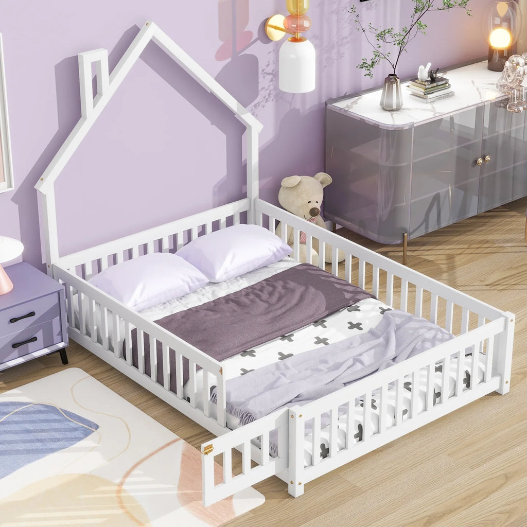 Grey Twin Size Wood Floor Bed with Fence A302211