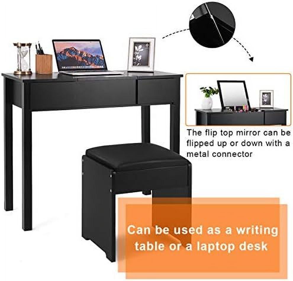 Black Vanity Set with Flip Top Mirror and Cushioned Stool Q4799